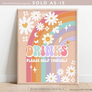 Groovy verjaardagsfeestje decor 70&#39; madeliefje drankjes teken decor groovy regenboog hippie verjaardag decoratie afdrukbare Instant Download 633K4