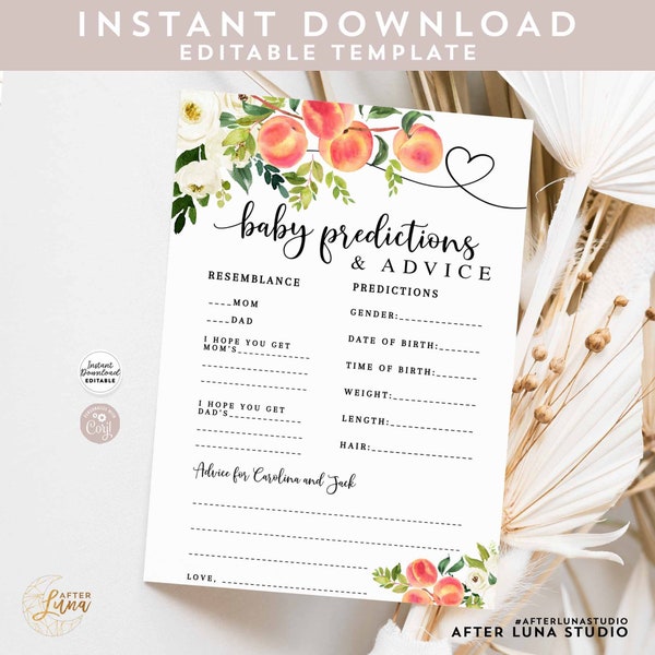 Editable Peach Personalized Baby Prediction and Advice Card Virtual Drive By Baby Shower Game Games Printable Template Download 256V2
