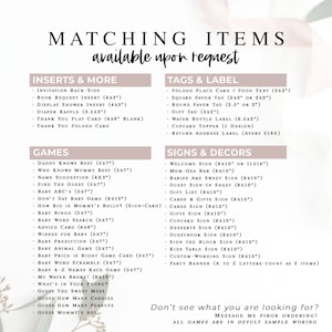 Puede incluir: Una lista de verificaci&oacute;n imprimible rosa y blanca de art&iacute;culos a juego para un baby shower. La lista de verificaci&oacute;n incluye inserciones, etiquetas y etiquetas, juegos y letreros y decoraciones. El texto en la lista de verificaci&oacute;n dice "Art&iacute;culos a juego disponibles a pedido".
