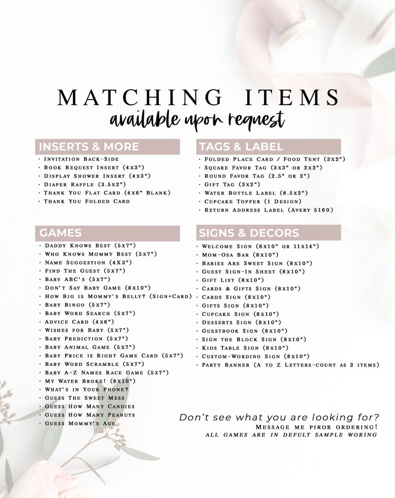 Puede incluir: Una lista de verificaci&oacute;n imprimible rosa y blanca de art&iacute;culos a juego para un baby shower. La lista de verificaci&oacute;n incluye inserciones, etiquetas y etiquetas, juegos y letreros y decoraciones. El texto en la lista de verificaci&oacute;n dice "Art&iacute;culos a juego disponibles a pedido".