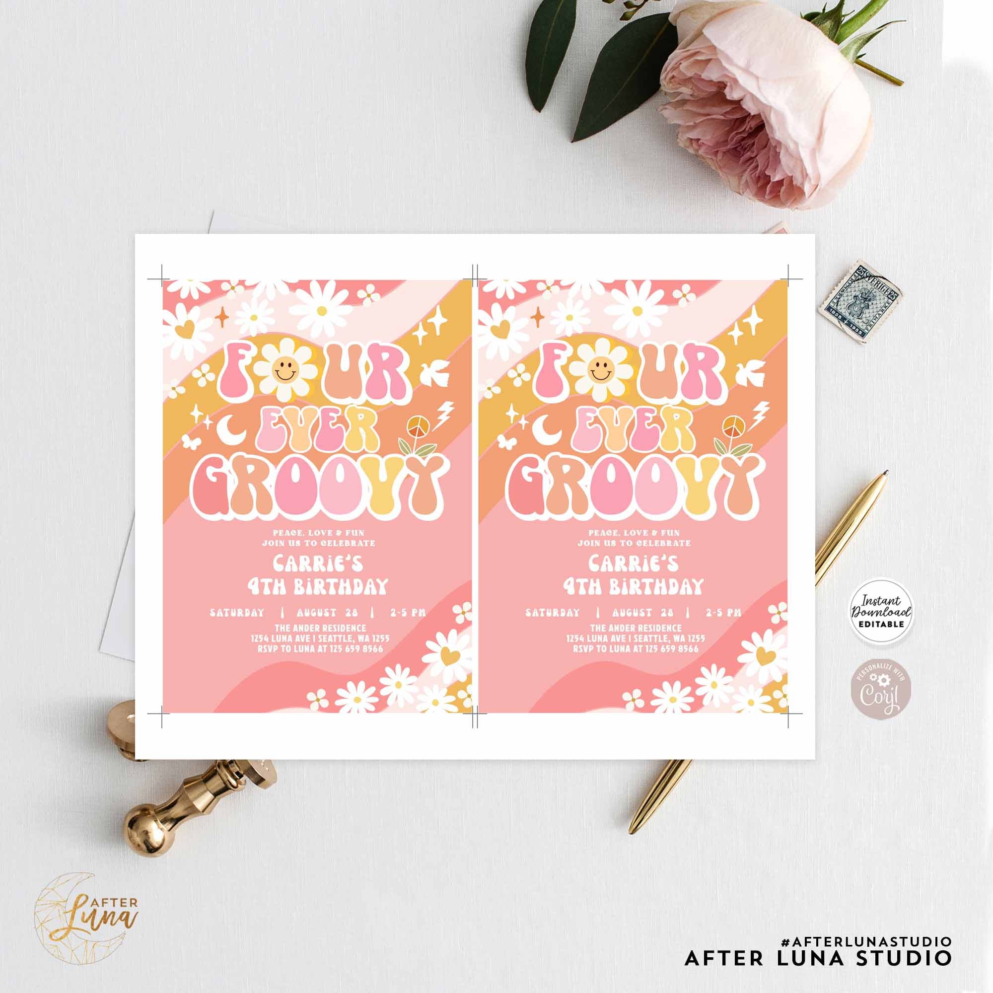 Editable 4th FOUR Ever Groovy Birthday Invite Pink Peach Groovy Daisy ...