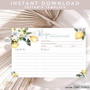 Editable Personalized Rustic Lemon Recipe Card Greenery Lemon Baby Bridal Shower Recipe Card Printable Template Instant Download 293BR1