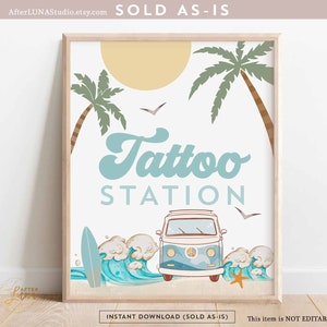 Boy Surfing Surf Birthday Decor Favors Tattoo Station Table Sign The Big One Surf&#39;s Up Birthday Favor Sign Printable Instant Download 661K3