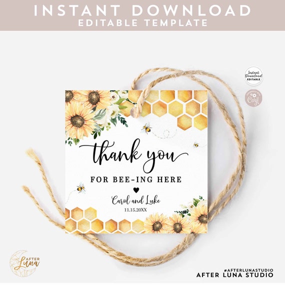 Editable Sunflower Honey Bee Baby Shower Thank You for Being Bee-ing Here Square Tag Sticker Label Printable Template Instant Download 846V1
