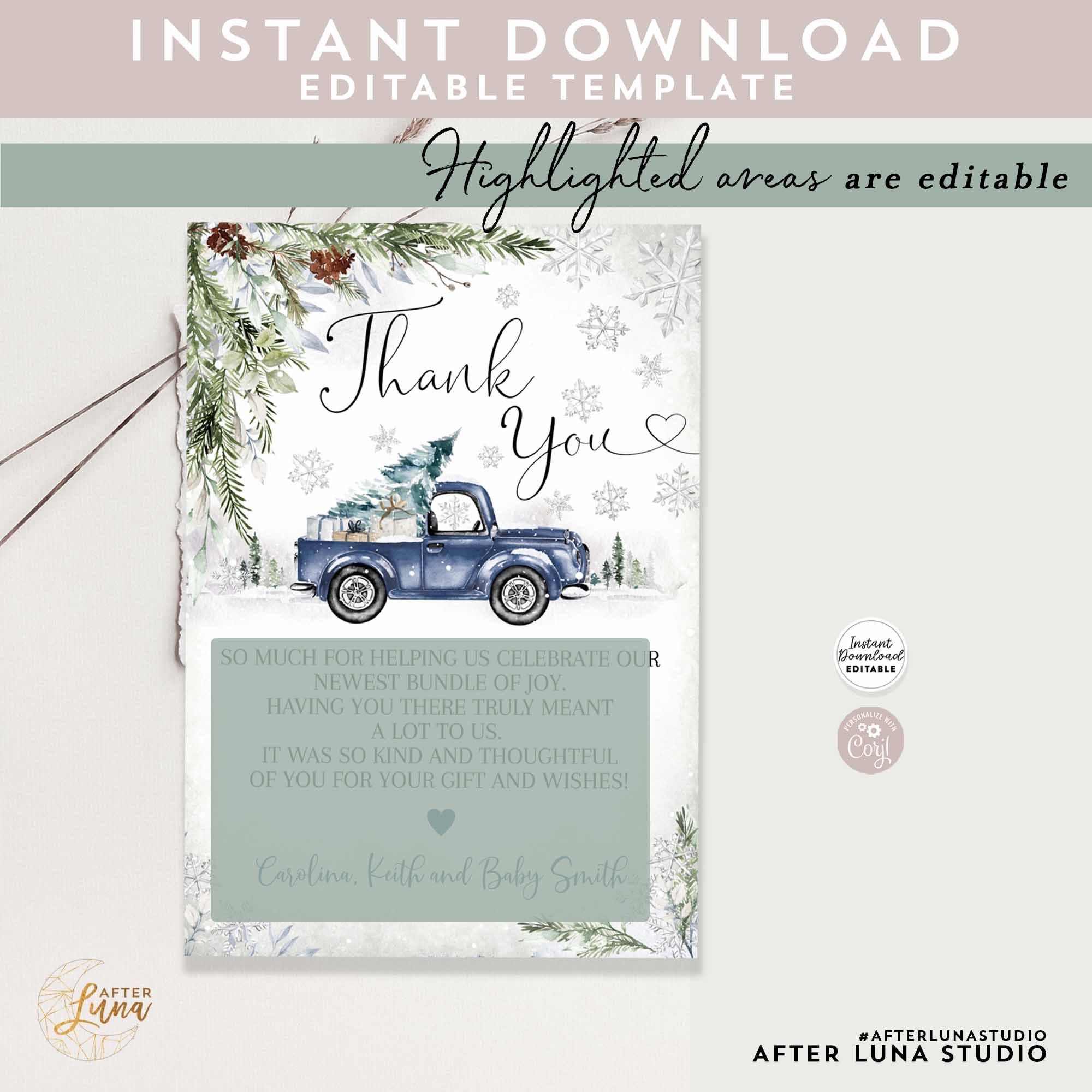 Editable Winter Snowflake Navy Blue Truck Thank You Flat Card Baby ...