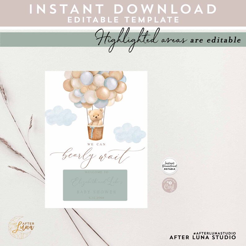 May include: A printable baby shower invitation featuring a teddy bear in a hot air balloon with blue and beige balloons. The text reads "We can barely wait" and "Welcome to Elizabeth's Baby Shower".