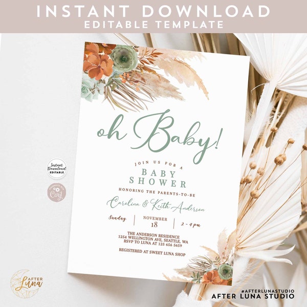 Editable Oh Baby Sage Green Burnt Orange Pampas Grass Boho Baby Shower Invitation Minimalist Invites Printable Instant Download 212V7 (2)