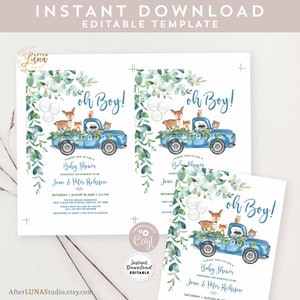 Editable Woodland Blue Truck Baby Shower Invitation Boy Blue Pickup Truck Greenery Woodland Animal Bear Invite Instant Download AL572 V5 image 6