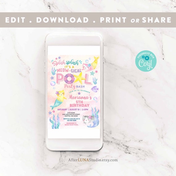 Editable Pool Party Invitation Fille Chat Sirene Pool Party Etsy Canada