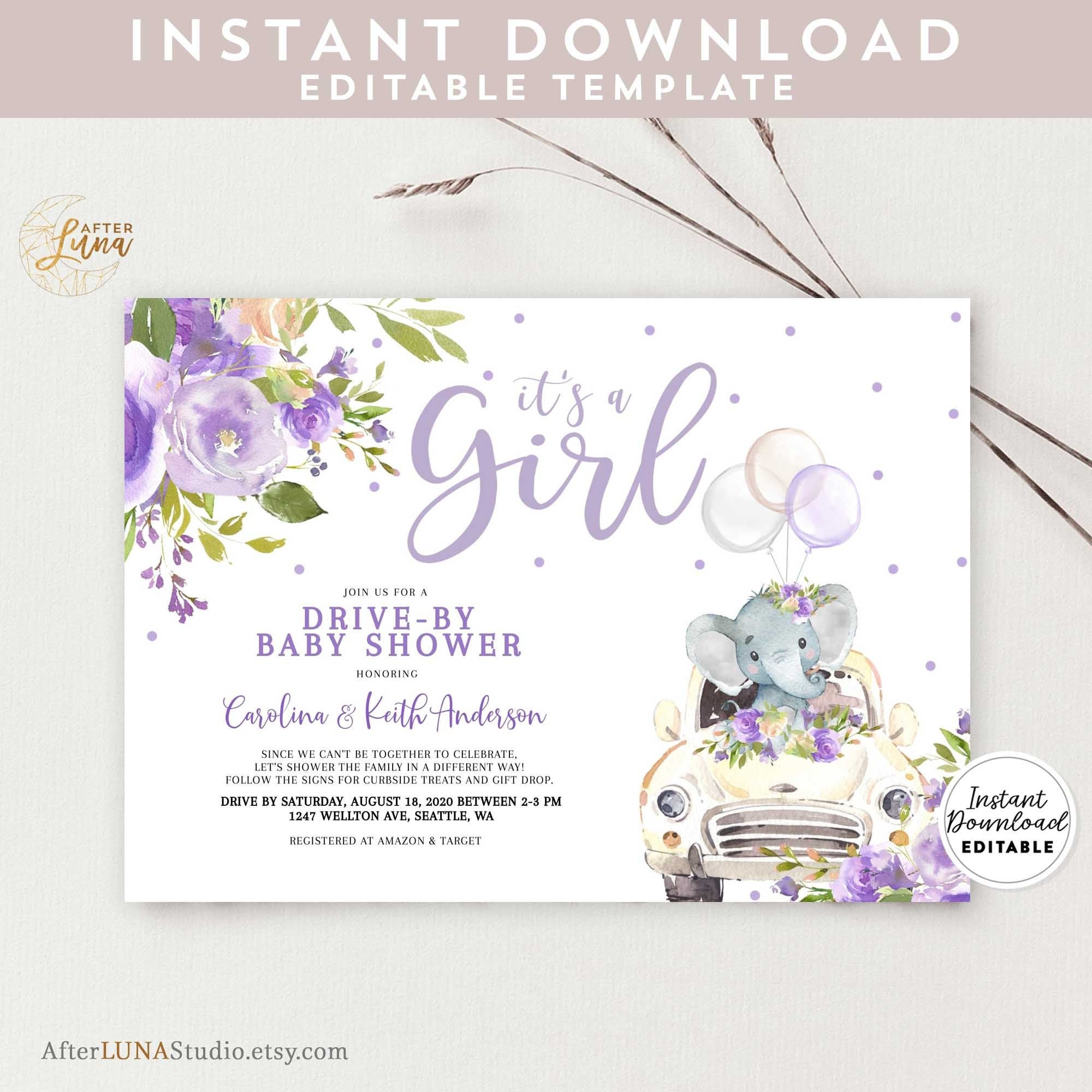 Invitations Paper & Party Supplies Editable Drive By Baby Shower Thank You Card Purple Elephant