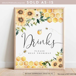 Sunflower Bee Drinks Sign Bride To Bee Meant To Bee Wedding Couple Shower Decor Decoration Digital Printable Instant Download 846BR1