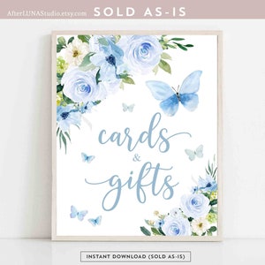 Cartões e presentes de borboleta azul sinal empoeirado borboleta azul chá de bebê nupcial chá de casal decoração de aniversário para impressão download instantâneo 1402