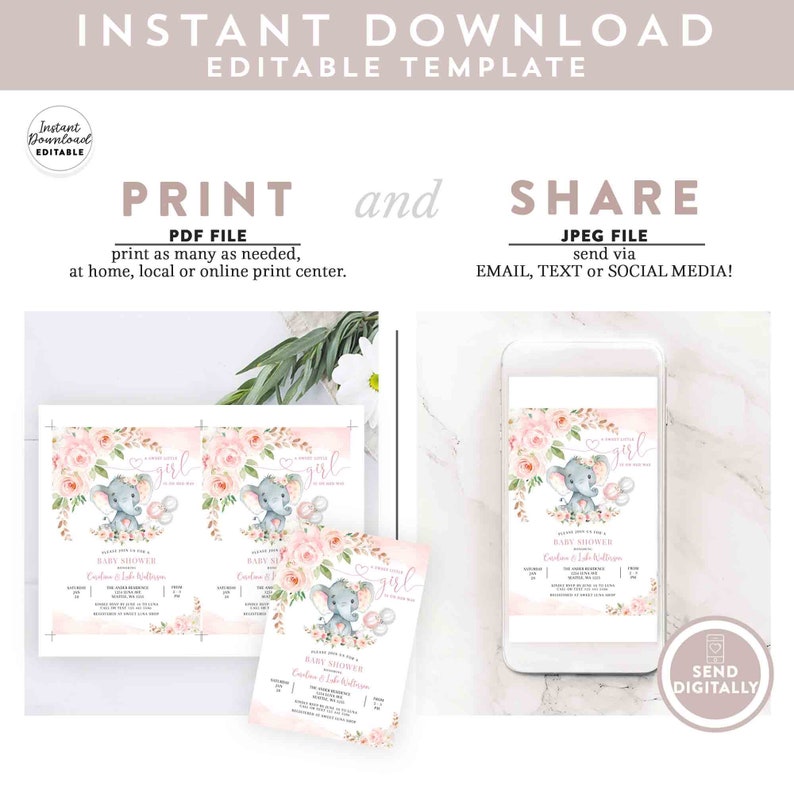 EDITABLE Blush Pink Rose Gold Elephant Baby Shower Invitation Etsy