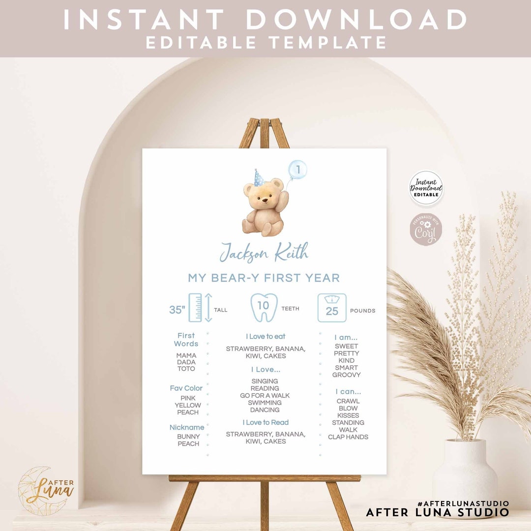 Editable Boy Teddy Bear 1st Birthday Party Milestone Poster Birthday ...