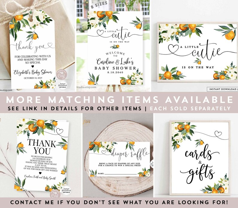 May include: Orange and white floral baby shower printable signs with the text "A little cutie is on the way" and "Welcome to Caroline & Luke's Baby Shower 8.18.2040".