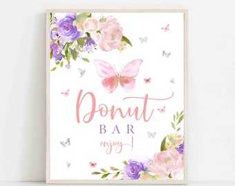 Púrpura rosa mariposa donut bar mesa signo rubor rosa púrpura mariposa bebé ducha espolvorear decoración digital imprimible descarga instantánea AL179