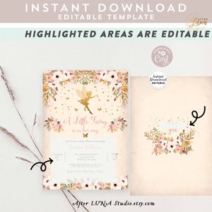 Puede incluir: Una invitaci&oacute;n de baby shower imprimible con un hada con un vestido rosa y alas doradas. La invitaci&oacute;n tiene un borde floral con flores rosas, blancas y doradas. El texto de la invitaci&oacute;n dice "A Little Fairy is on her way".