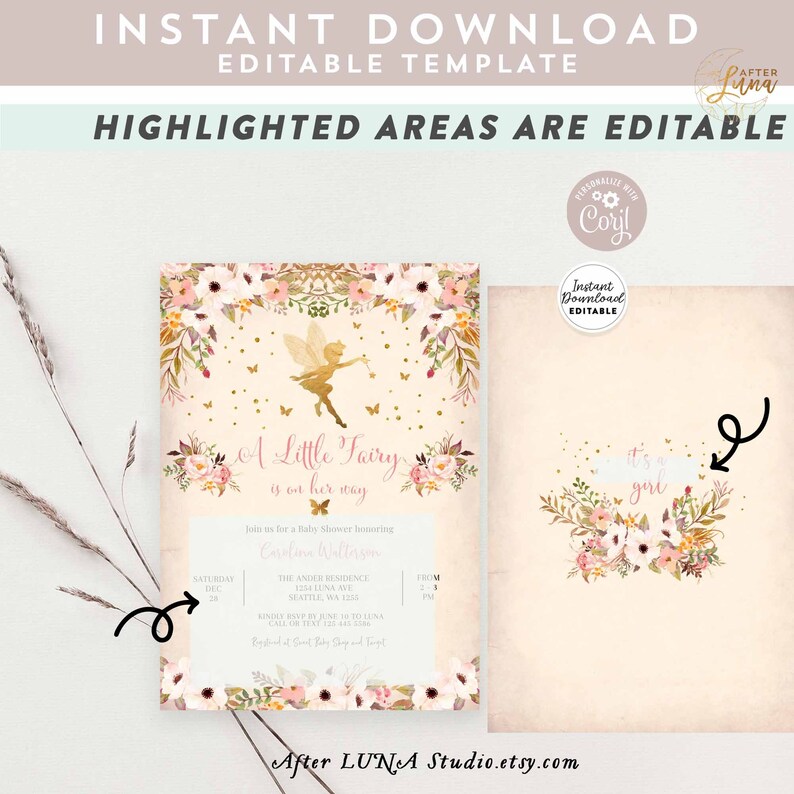 Puede incluir: Una invitaci&oacute;n de baby shower imprimible con un hada con un vestido rosa y alas doradas. La invitaci&oacute;n tiene un borde floral con flores rosas, blancas y doradas. El texto de la invitaci&oacute;n dice "A Little Fairy is on her way".