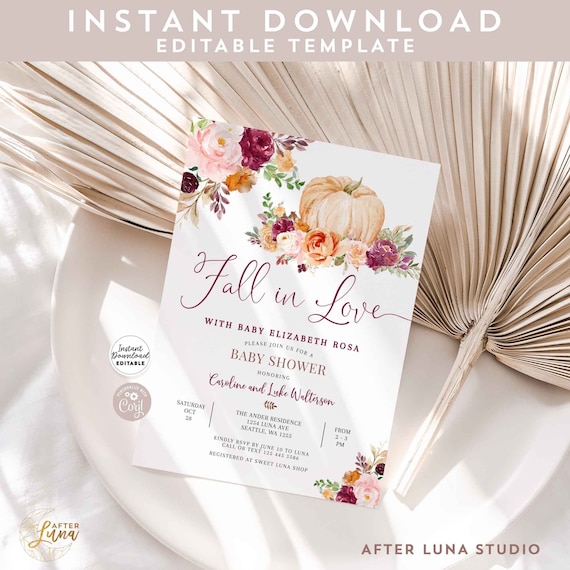 Editable Burgundy Pumpkin Fall Baby Shower Invitation Burgundy Pink Baby Shower Fall in Love Baby Invite Template Instant Download AL28 (2)