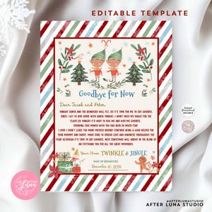 Puede incluir: Plantilla editable con temática navideña con un borde a rayas rojas, blancas y verdes. El diseño presenta dos ilustraciones de elfos, árboles de Navidad y el texto "Goodbye for Now". La fecha de salida es el 10 de diciembre de 2088.