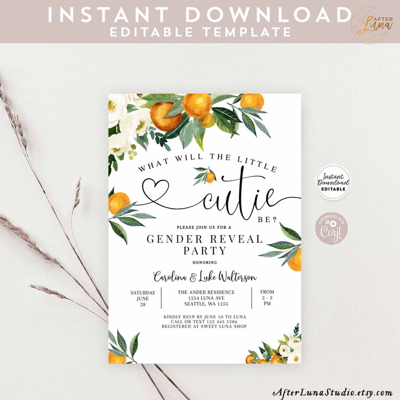 Editable Orange Gender Reveal Party Invitation A Little Cutie Etsy