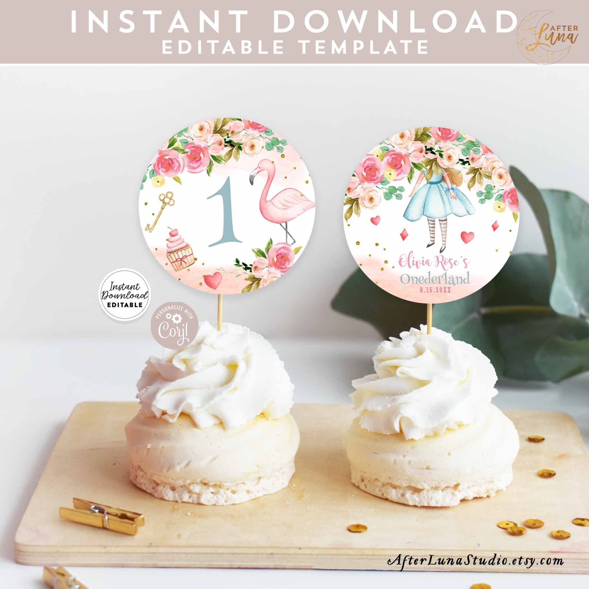 Editable Alice in Wonderland Birthday 2 Cupcake Toppers Alice in Onederland Party Decor Decors Printable Template Instant