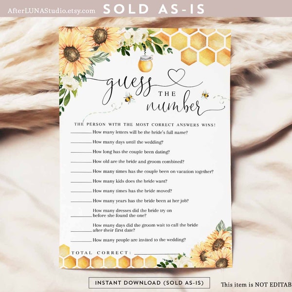 Sunflower Bee Guess The Number Game Shower Game Bee Meant To Bee Wedding Couple Shower Games Game Printable Instant Download 846BR1