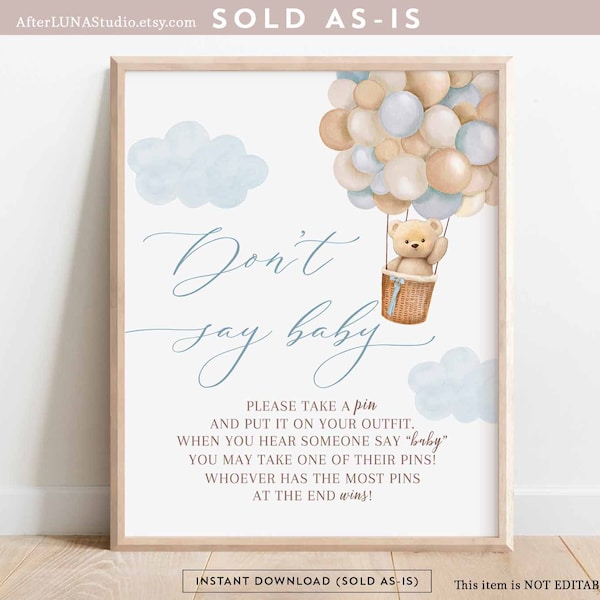 Boy Teddy Bear Hot Air Balloon Baby Shower Decor Don't Say Baby Game Sign We Can Beary Wait Decor Digital Printable Instant Download 905V1