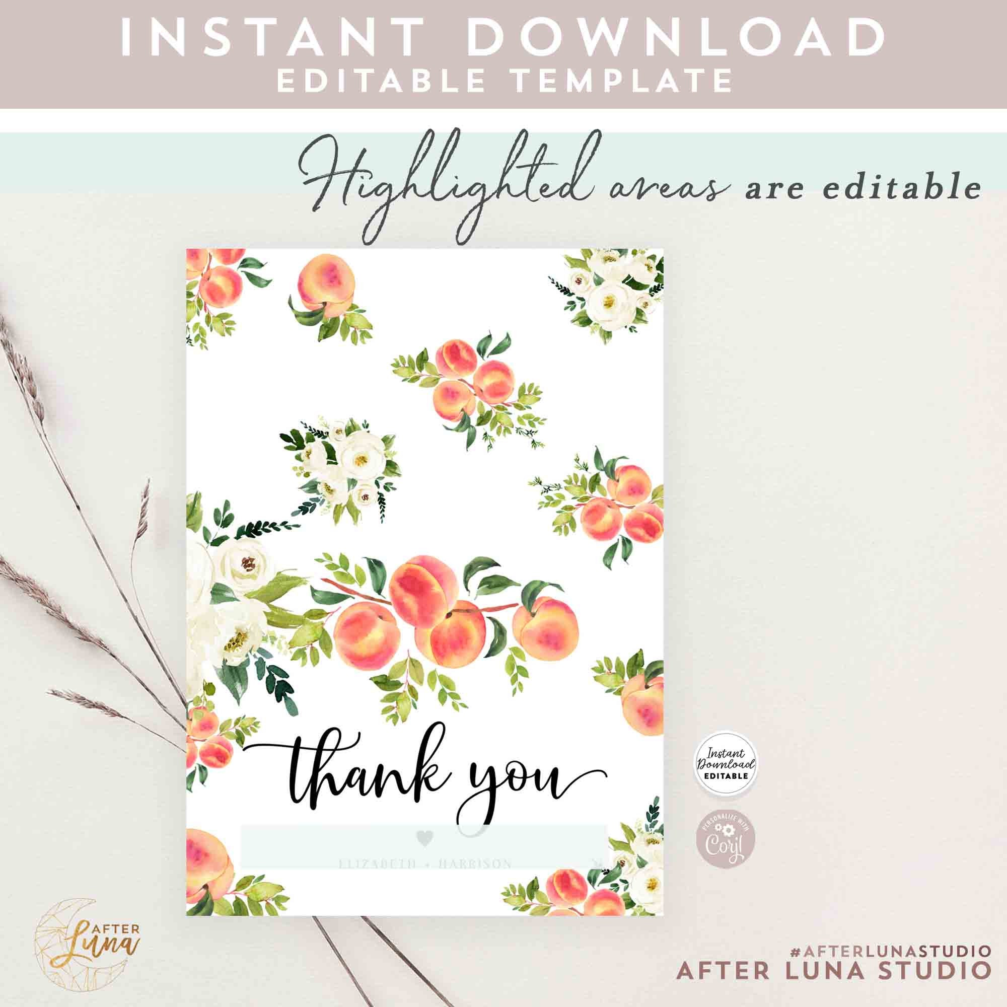Editable Little Peach Baby Shower Birthday Thank You Folded Fold Card ...