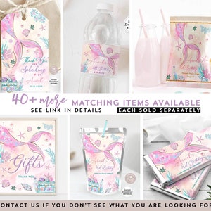 Puede incluir: Un conjunto de etiquetas, pegatinas y envoltorios de recuerdos de fiesta con tem&aacute;tica de sirena para imprimir. Los dise&ntilde;os presentan una cola de sirena de acuarela con acentos rosados, azules y dorados. El texto en las etiquetas dice "Gracias por salpicar por Ariel". Las etiquetas dicen "El 3er cumplea&ntilde;os de Ariel". Los envoltorios dicen "El 3er cumplea&ntilde;os de Ariel - Barra de chocolate".