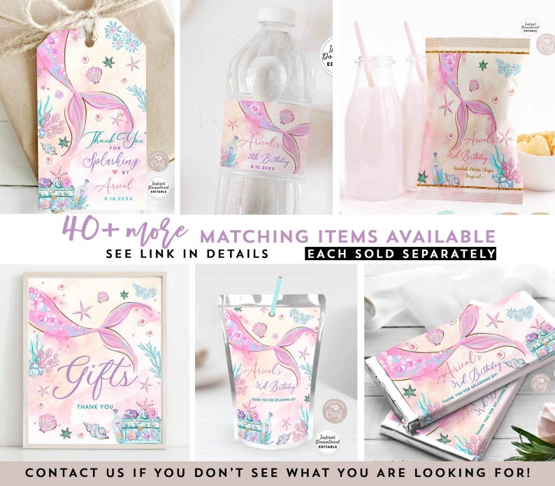 Puede incluir: Un conjunto de etiquetas, pegatinas y envoltorios de recuerdos de fiesta con tem&aacute;tica de sirena para imprimir. Los dise&ntilde;os presentan una cola de sirena de acuarela con acentos rosados, azules y dorados. El texto en las etiquetas dice "Gracias por salpicar por Ariel". Las etiquetas dicen "El 3er cumplea&ntilde;os de Ariel". Los envoltorios dicen "El 3er cumplea&ntilde;os de Ariel - Barra de chocolate".