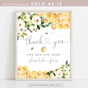 Abeja Gracias por estar aquí Favor Signo Rústico Género Neutral Miel Bumble Bee Baby Shower Digital Imprimible Descarga Instantánea 845V1