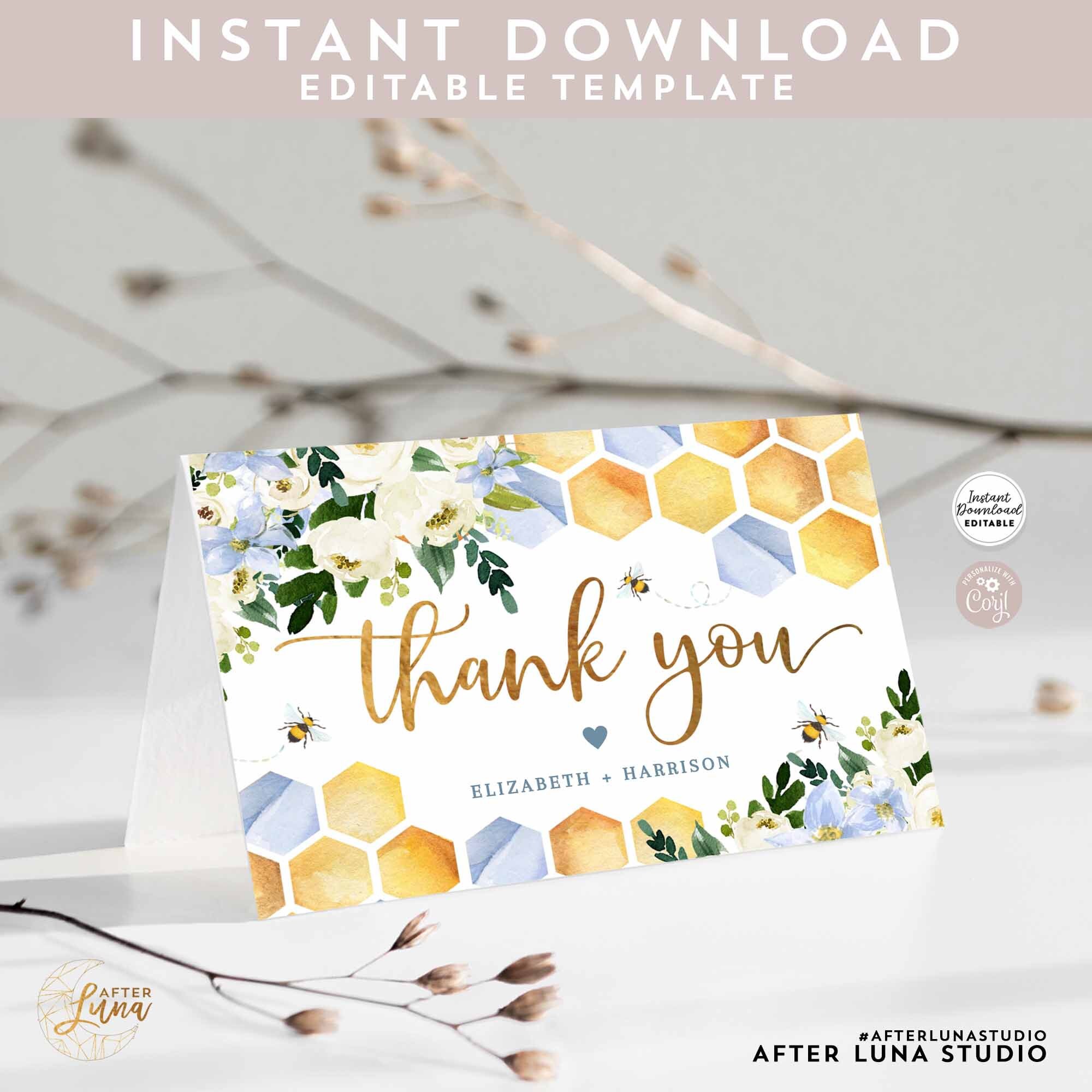Editable Personalized Blue Honey Bee Sweet As Can Bee Thank You Folded Card Baby Shower Printable Editable Template  Instant Download 1574V3