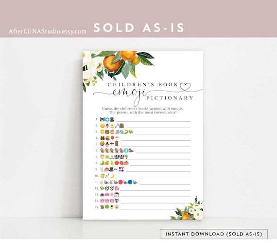 Orange Citrus Children's Book Emoji Baby Book Emoji Pictionary Emoji Game Baby Shower Printable Baby Sprinkle Games Instant Download 248V1