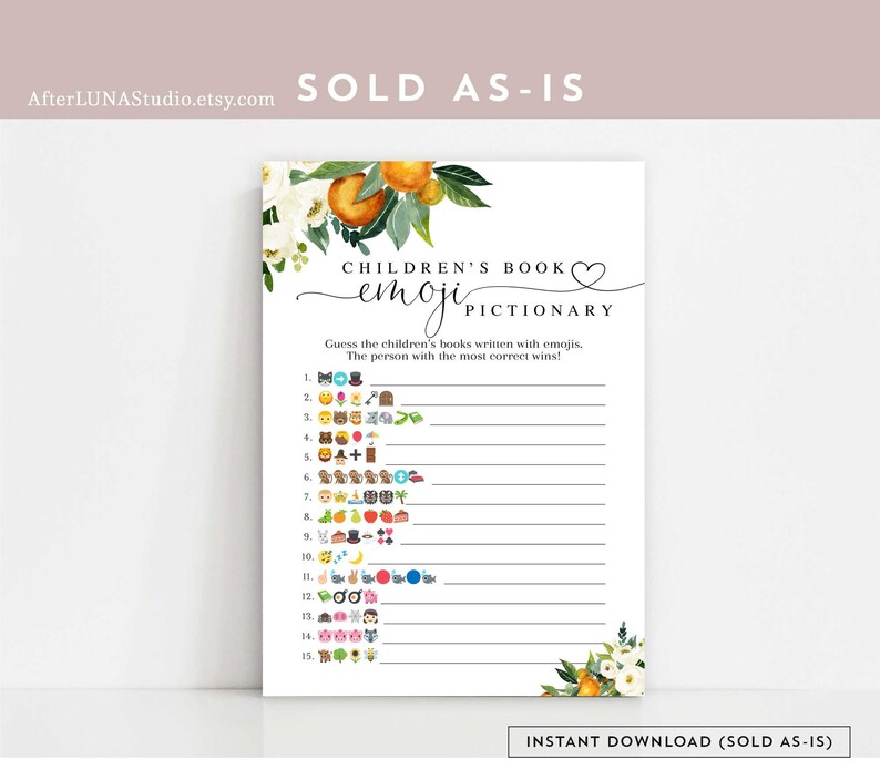 May include: A printable game card with a white background and floral border. The card has the title "Children's Book Emoji Pictionary" and instructions to guess the children's books written with emojis. The card has a list of 15 emojis and blank lines for players to write their answers.