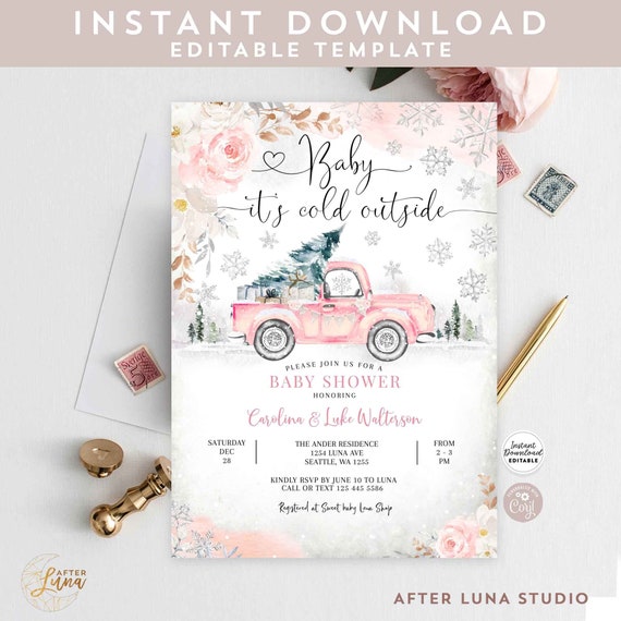 Editable Winter Pink Truck Baby It's Cold Outside Baby Shower Invitation Girl Winter Shower Invites Template Instant Download 1235V7 (2)