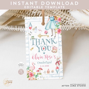 May include: Alice in Wonderland themed thank you tag with pink and blue watercolor illustrations. The tag features a pink flamingo, a white rabbit, a teacup, a key, and a playing card. The text on the tag reads "Thank You Olivia Rose's Onederland 8.15.2011".