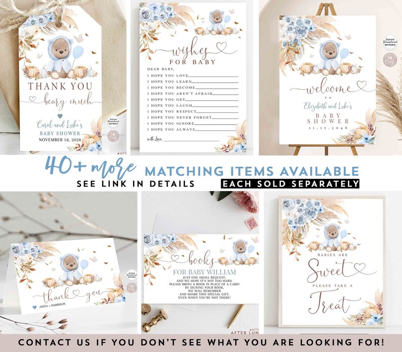 Editable Blue Pampas Grass Boho Teddy Bear Baby Shower Invitation ...