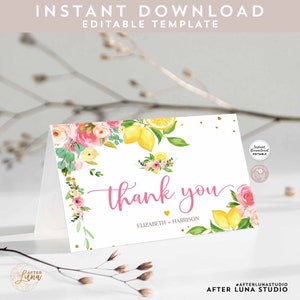 Editável personalizado rosa floral limão obrigado cartão dobrado chá de bebê nupcial modelo editável para impressão download instantâneo 157BR2