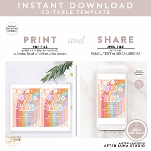 May include: A printable invitation for a 6th birthday party with a rainbow, flowers, and the text "Six is a Vibe". The invitation is designed in a retro style with a pink, orange, and purple color scheme. The invitation is available as a digital download and can be printed at home or at a print shop.