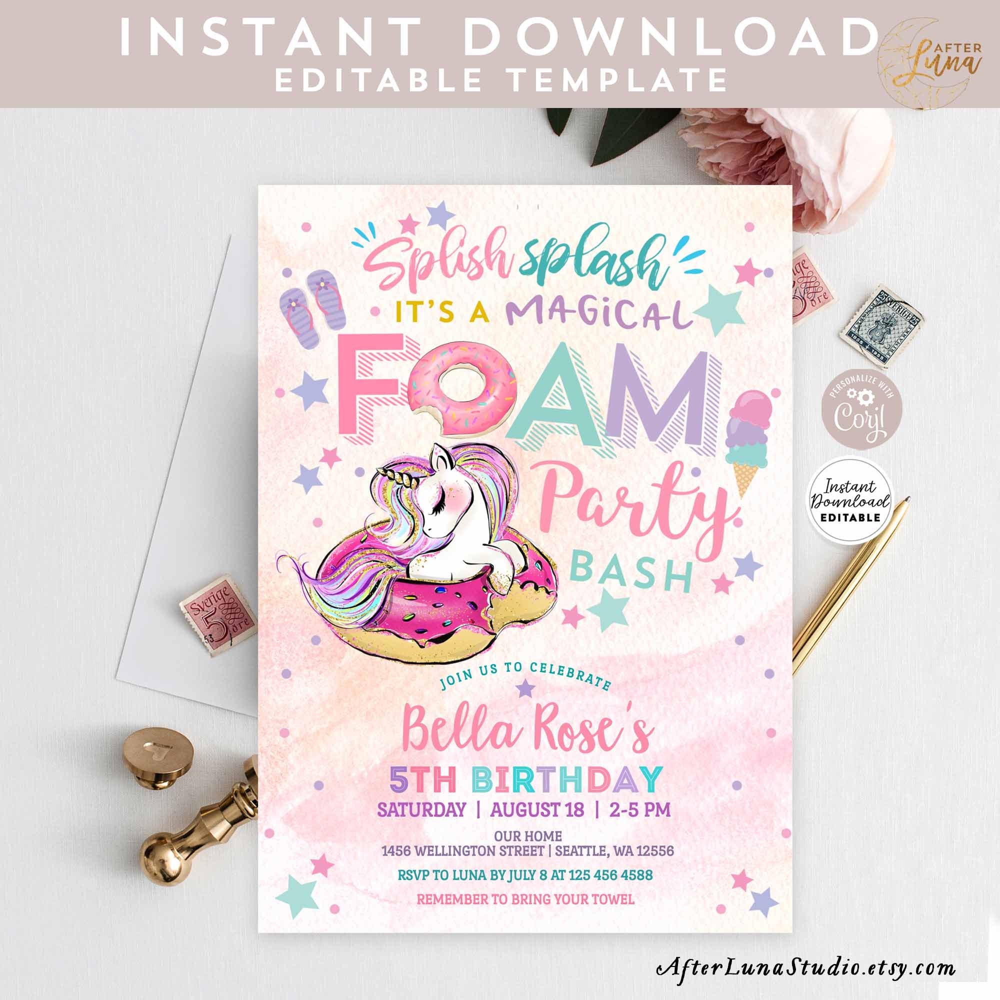 Editable Unicorn Foam Party Invitation Girl Birthday Invite Etsy 日本