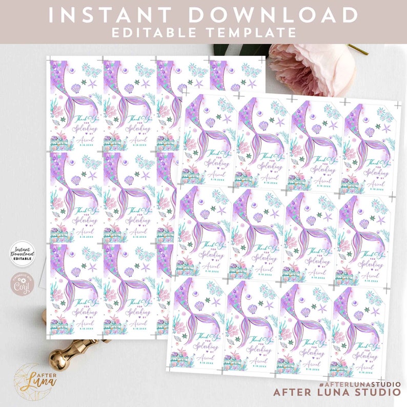 Editable Purple Teal Mermaid Under the Sea Birthday Favor Tag Mermaid ...