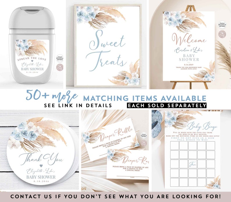 Editable Blue Pampas Grass Boho Baby Shower Invitation Boy Minimalist ...