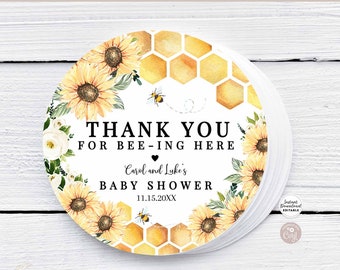 Editable Sunflower Honey Bee Baby Shower Thank You for Being Bee-ing Here Round Tag Sticker Label Printable Template Instant Download 846V1