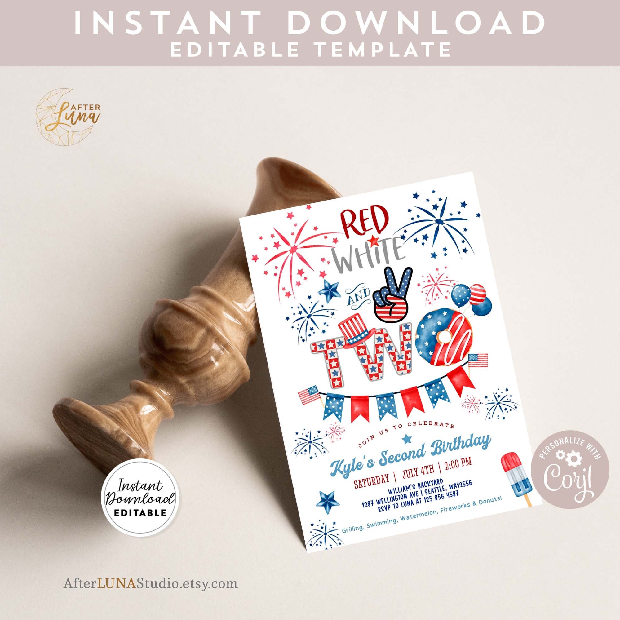 Editable Red White and Two Invitations 4th of July 2nd Birthday ...