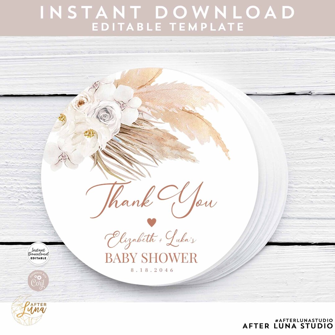 Editable White Pampas Grass Bohemian Boho Baby Bridal Shower Thank You ...