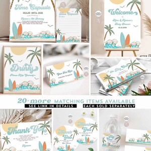 May include: A set of printable party decorations for a baby shower with a beach theme. The decorations feature a blue and yellow colour scheme with palm trees, waves, and surfboards. The text on the decorations includes "Welcome", "Drinks", "The Big One", and "Thank You".