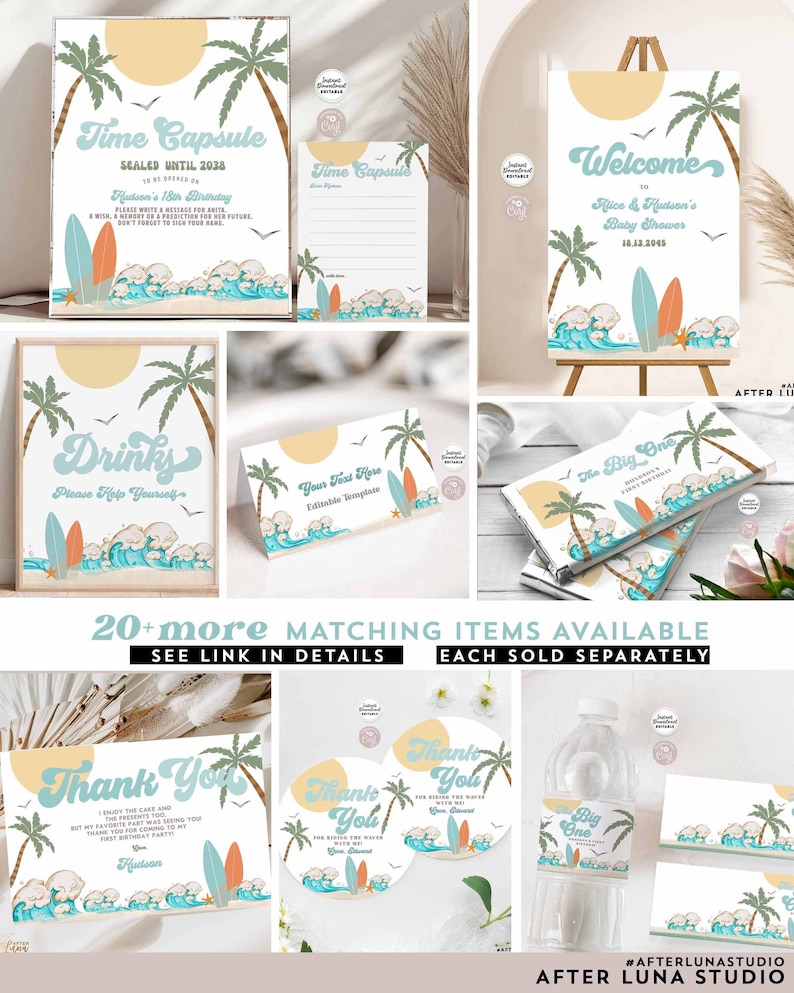 May include: A set of printable party decorations for a baby shower with a beach theme. The decorations feature a blue and yellow colour scheme with palm trees, waves, and surfboards. The text on the decorations includes "Welcome", "Drinks", "The Big One", and "Thank You".