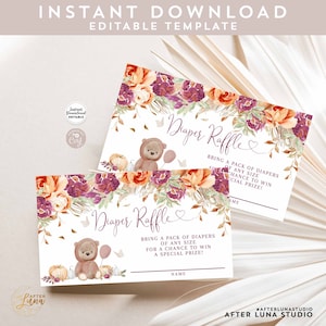 Editable Otoño Boho Borgoña Oso calabaza Baby Shower Teddy Bear Balloon Pañal Raffle Plantilla Descarga instantánea 445V7