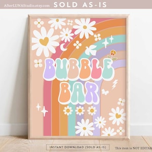 Groovy verjaardagsfeestje decor 70&#39; madeliefje bubble bar teken decor groovy regenboog hippie verjaardag decoratie afdrukbare Instant Download 633K4
